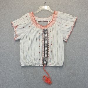 Almost Famous XL Boho Peasant Top White Orange Embroidered Tassel Blouse